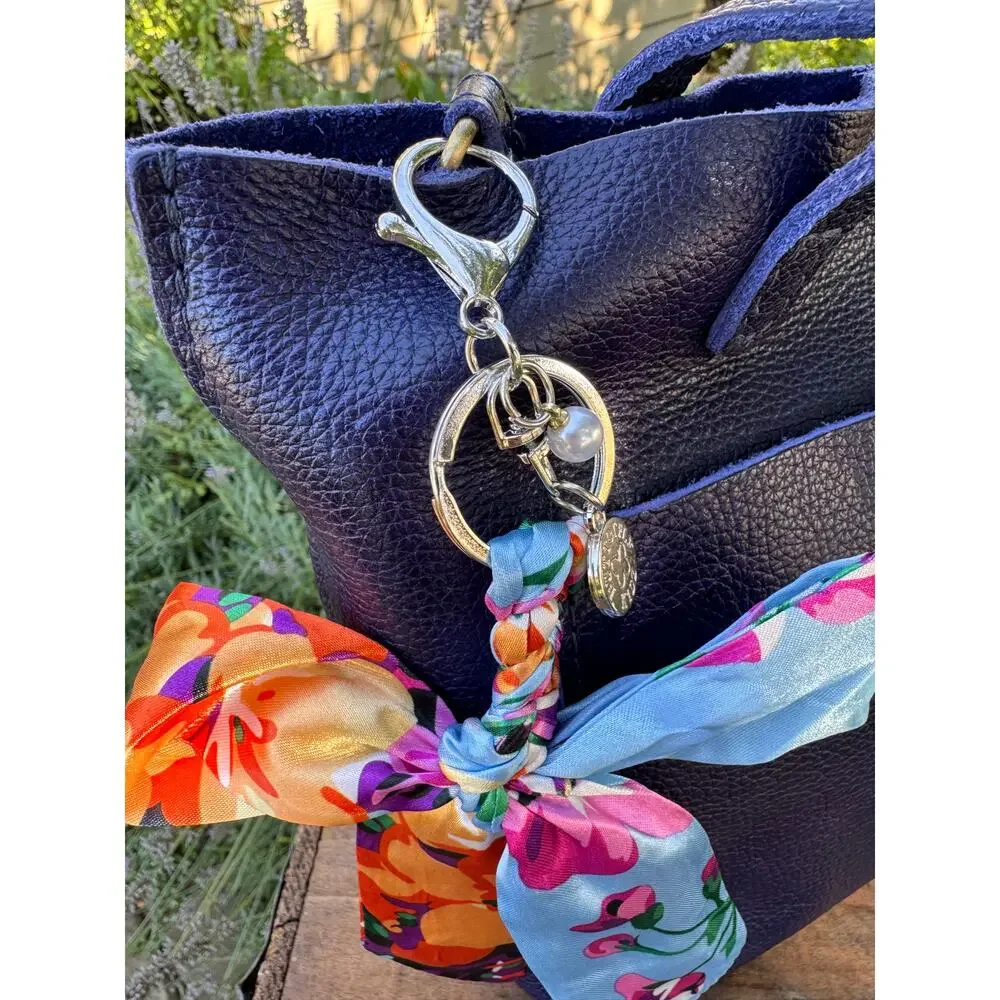 Satin Orange Pink Blue Floral Print Bow Bag Charm Floral Purse Charm